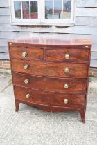 An early 19th century mahogany bowfront chest of two short and three long graduated drawers with