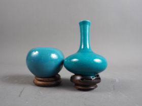 A Chinese turquoise glazed miniature bulbous-shaped vase, 2" high (chip to rim), on hardwood