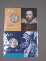 A Royal Mint 2016 William Shakespeare UK £50 fine silver uncirculated coin and a similar 2015