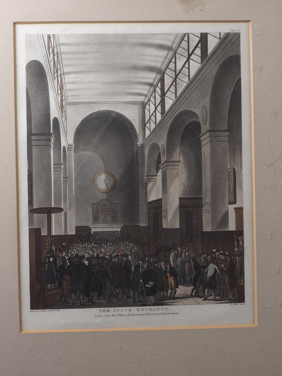 Rowlandson & Pugin: an early 19th century aquatint, "New Stock Exchange", in oak strip frame