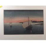 Tomioka Eisen: a Japanese woodblock print, "Anchored Sailboat V1", in ebonised strip frame