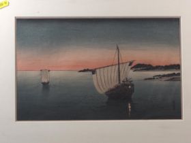 Tomioka Eisen: a Japanese woodblock print, "Anchored Sailboat V1", in ebonised strip frame