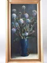 M Rance: oil on canvas, still life vase of flowers, 23 1/2" x 11 1/2", in gilt frame