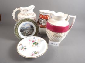 Three 19th century toilet jugs, a Prattware plate, "Hafod SW", a Minton stand, other decorative