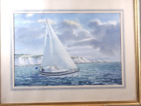 John Worsley: watercolours, "Igelkott, Off Alum Bay and the Needles", 14" x 21", in gilt strip frame