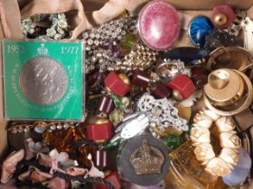 A Ruskin pottery roundel, mounted as a brooch, a blue butterfly wing brooch and other costume