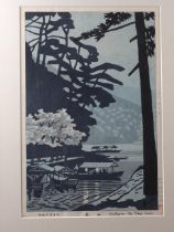 Fujishima Takeji: a Japanese woodblock print, "Arashiyama", in ebonised strip frame