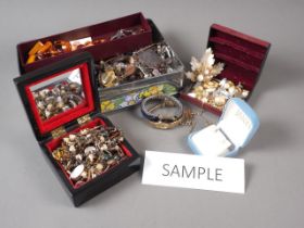 A selection of costume and other jewellery, including amber earrings, an amber necklace, an amber