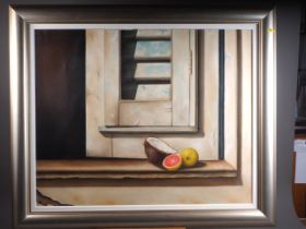 J A: oil on canvas, study of a louvred door, sill and still life fruit with applied coconut hair