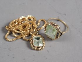 A yellow metal and green quartz dress ring, size P, 4.1g, a matching pendant, 1.6g, and an 18ct gold