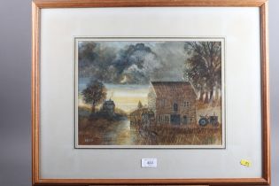 PM, '77: watercolours, moonlit landscape with watermill and stream, 10 1/2" x 14 1/2", in wooden