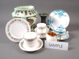 A Royal Albert "Belinda"" pattern teaset for four, four coffee mugs, a Burleigh Ware goose relief