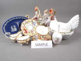 A Continental porcelain table centre basket, a chicken egg crock, a Wedgwood jasper oval dish, and