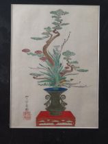A Japanese woodblock print, Ikebana, in ebonised frame