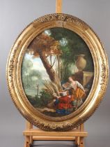 An 18th century style oil on linen, landscape with three classical figures under a tree, 17 1/4" x