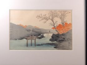 Koho Shoda: a Japanese woodblock print, Autumn landscape, in ebonised strip frame