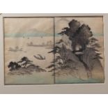 Four Japanese woodblock prints, three landscapes and a figure scene in ebonised strip frames
