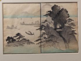 Four Japanese woodblock prints, three landscapes and a figure scene in ebonised strip frames