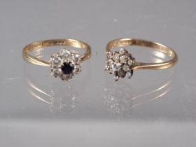 A 9ct gold and diamond snowflake ring, size O, 2g, and a 9ct gold, sapphire and CZ ring, size M/N,