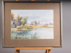 A mid 20th century watercolour, Ravi River? with palace, 9 1/2" x 13 1/2", in strip frame and T Way,