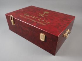 A red and gilt decorated "Ministry of Foreign Affairs" hinged box with brass handles, 17 1/2" wide