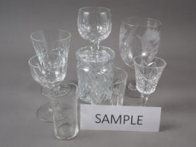 Four cut glass hocks, six wines, a fern engraved goblet and other cut glass