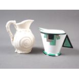 A Shelley bone china "Vogue Green Blocks", milk jug, 2 7/8" high, and a Belleek "Shell" milk jug, 4"