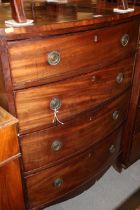 A 19th century mahogany bowfront chest of four long graduated drawers with ring handles, on splay