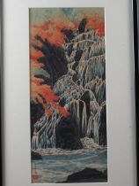 Takahashi Shotei: three Japanese woodblock prints, "Tamadare Waterfall", Mochizuki Gyokusen: "Boat