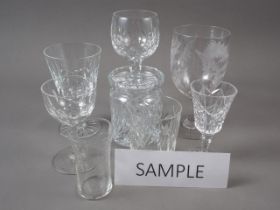 Four cut glass hocks, six wines, a fern engraved goblet, a moulded glass basket, seven moulded glass