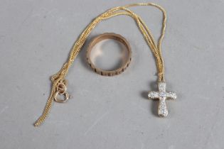 A 9ct gold fine link chain with yellow metal crucifix pendant set clear stones, and a 9ct gold