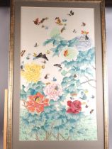A Japanese print, butterflies and chrysanthemums, in gilt strip frame, a pair of Japanese woven