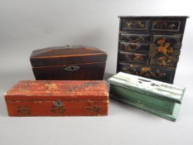 A 19th century tea caddy, 11 1/2" wide (no interior), a Japanese lacquered box, a pig decorated