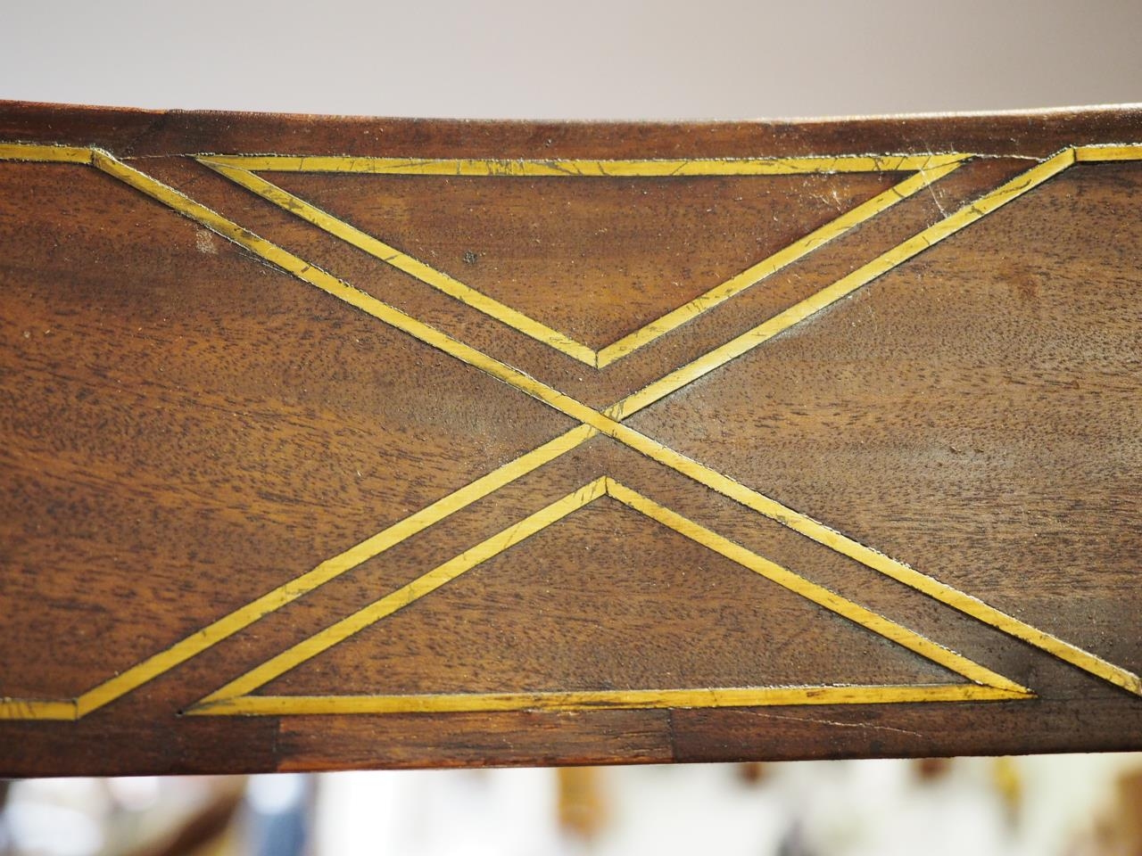 A Regency mahogany and brass inlaid bar back carver dining chair with stuffed over seat, on sabre - Image 2 of 4