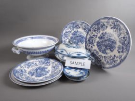 A 19th century "Lace Border" part dinner service, seven Ironstone blue and white plates, eight