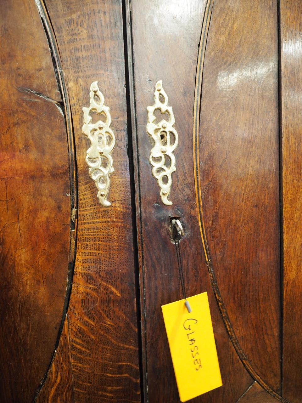 An oak linen press with box and ebony strung cornice, enclosed two doors (missing internal - Image 7 of 8