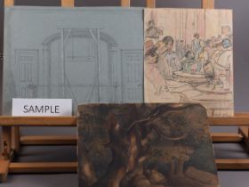 A folio of 19th century watercolours, prints, etc including a cafe scene, by Murial Hare, and a