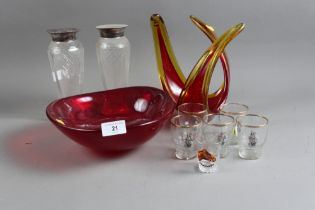 A pair of silver topped clear glass vases, 8" high (one damaged), a shaped red glass bowl, another