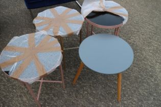 Three circular metal occasional tables, 16" dia x 18" high, and a similar table, 15" dia x 16" high