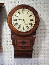 A rosewood cased drop dial clock with marquetry decoration, white enamelled dial and Roman numerals,