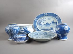 A Chinese blue and white jardiniere with figures in a landscape, 9 1/2" dia x 5 1/2" high, a similar