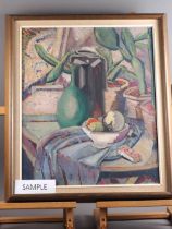 W F Burrows: oil on canvas, still life with cacti and fruit, 21 1/2" x 17 1/2", in linen lined