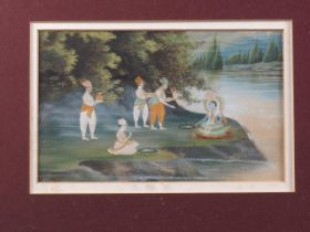 An Indian watercolour on paper, Krishna teaching his followers, 4 1/4" x 7 1/2", in strip frame