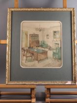 An early 20th century watercolours, study interior with period furniture, 13" x 11 1/4", in gilt