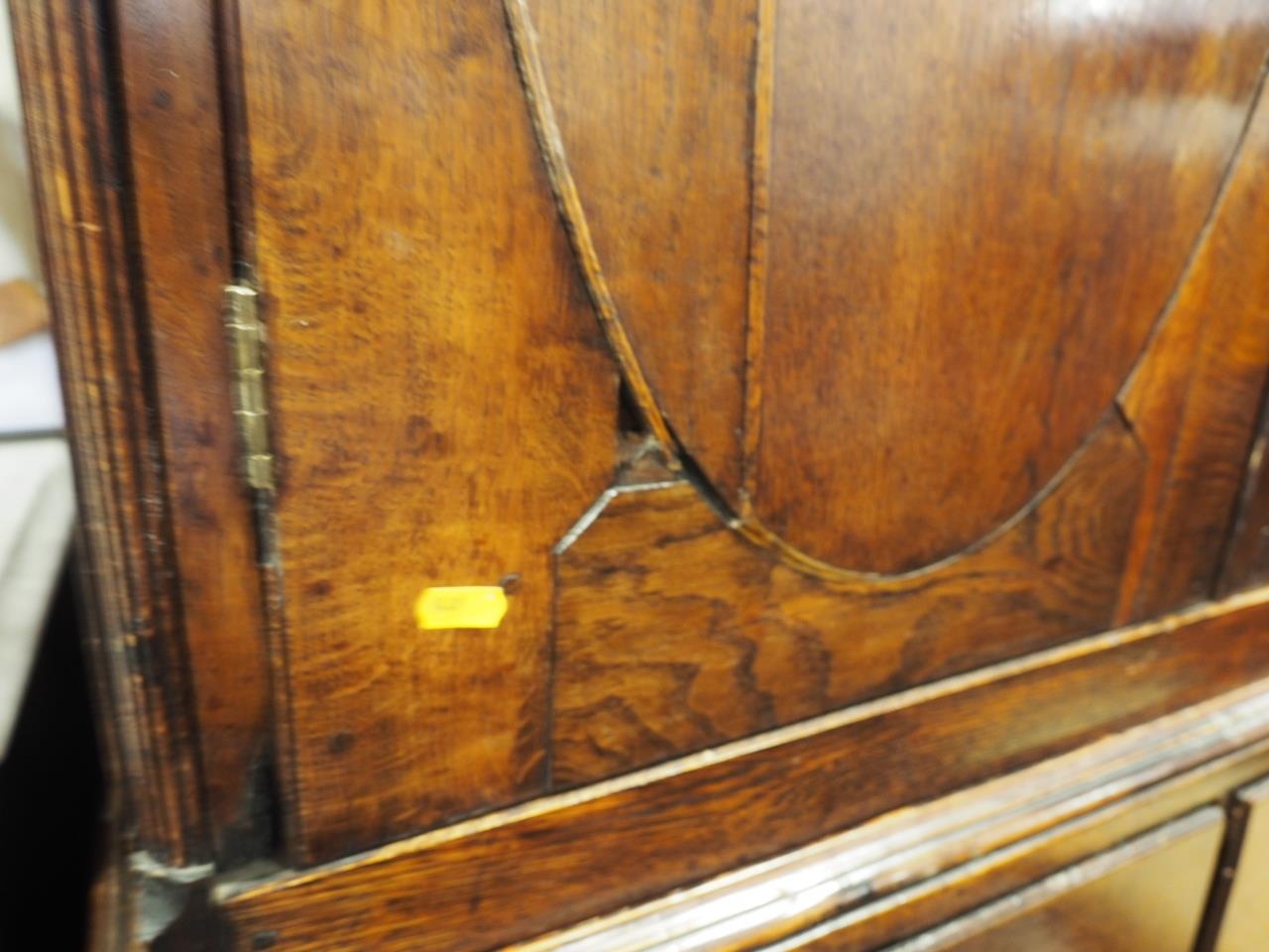 An oak linen press with box and ebony strung cornice, enclosed two doors (missing internal - Image 4 of 8