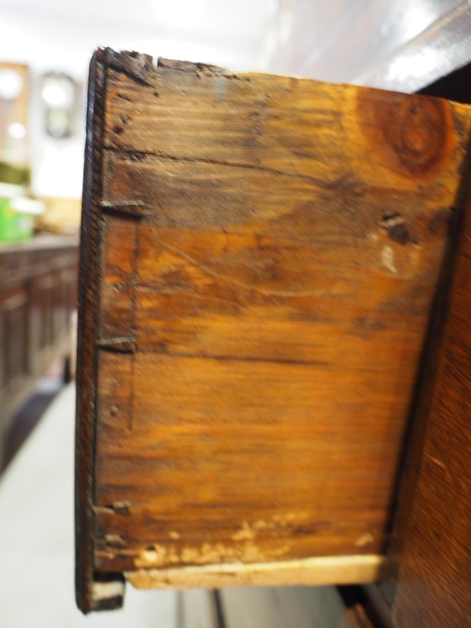 An oak linen press with box and ebony strung cornice, enclosed two doors (missing internal - Image 2 of 8