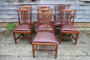 A Harlequin set of seven Edwardian mahogany dining chairs with pierced splat backs, on moulded and