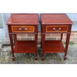 A pair of mahogany two-tier lamp tables, fitted drawers, on square taper supports, 16" square x