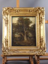 Harry Henshaw?/David Cox?: a 19th century impasto oil, wooded lane with stile, 11" x 9", in deep