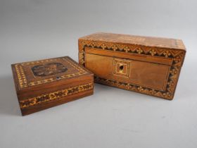 A Tunbridgeware hinged box with floral decoration and a marquetry decorated two-division tea caddy